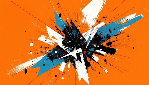 Dynamic abstract explosion of sharp geometric shapes and splattered paint on a vibrant background, perfect for presentations, banners, or event promotions