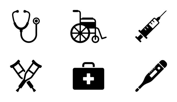 Medical icons set with stethoscope, wheelchair, syringe, crutches and thermometer for healthcare