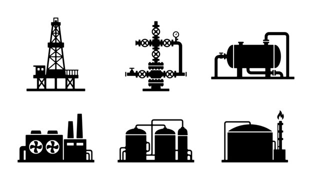 Oil rig, wellhead, storage tank, factory and gas flare silhouettes for industry and energy themes