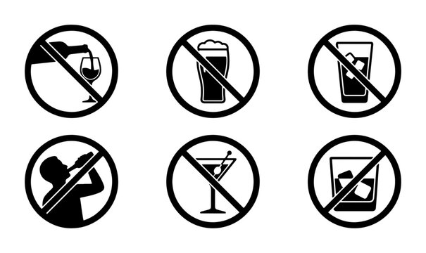 No drinking silhouettes set with wine, beer, cocktail, and man drinking for signage and warning