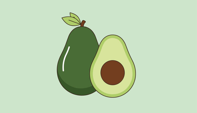 Ripe whole dark green avocado paired with a bright green cut half showing the large brown seed in the center of the fruit.