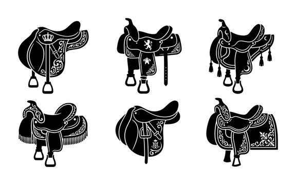Horse saddle silhouettes set with ornate western and english styles for equestrian logo or signage