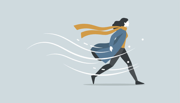 Silhouette of a woman in a blue coat and yellow scarf struggling to walk forward against a very strong headwind.