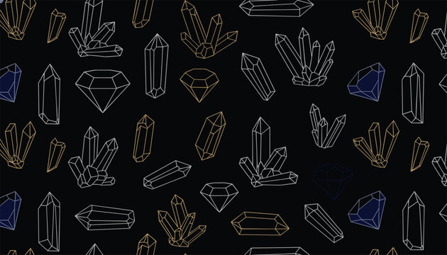 Beautiful seamless pattern of various hand-drawn crystals, gems, and diamonds in white, gold, and blue on a black background.