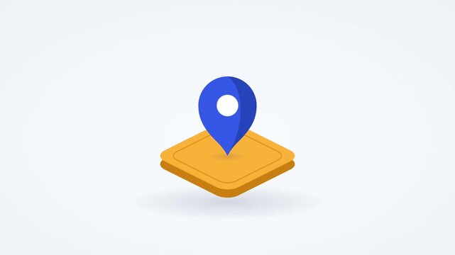 Blue map marker on a yellow isometric square platform, simple icon