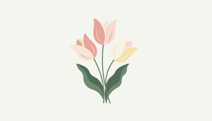Fototapeta premium Beautiful trio of delicate tulips in shades of pink, cream, and yellow are tied together with green leaves on a white background.