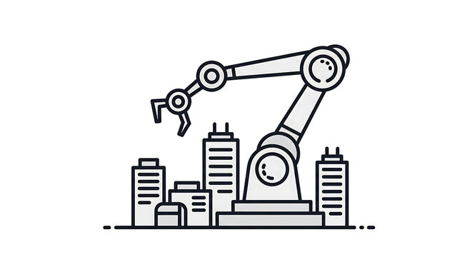 Industrial robotic arm building a city skyline isolated graphic