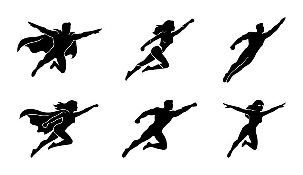 Superhero silhouettes set with flying men and women for logo and signage