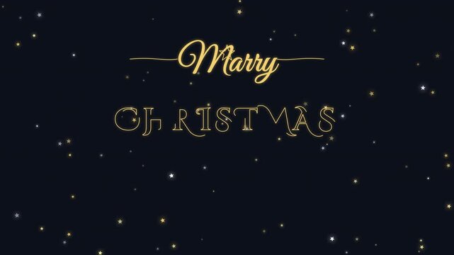 Merry Christmas typography line art drawing animation with falling stars on dark background, luxury gold vector Christmas greeting card illustration