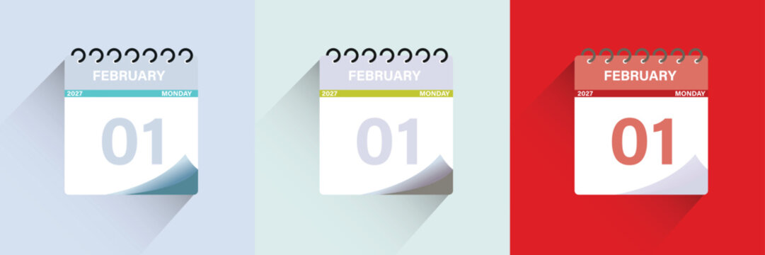 Set of three calendar icons showing february 1st 2027 on monday with different color schemes and flat design style
