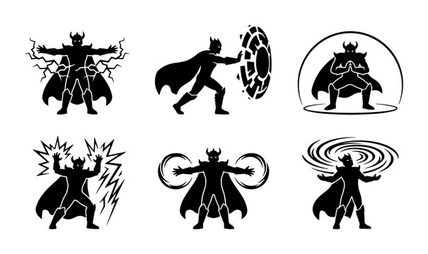 Supervillain silhouettes set with magic energy, lightning and shields for comic book design