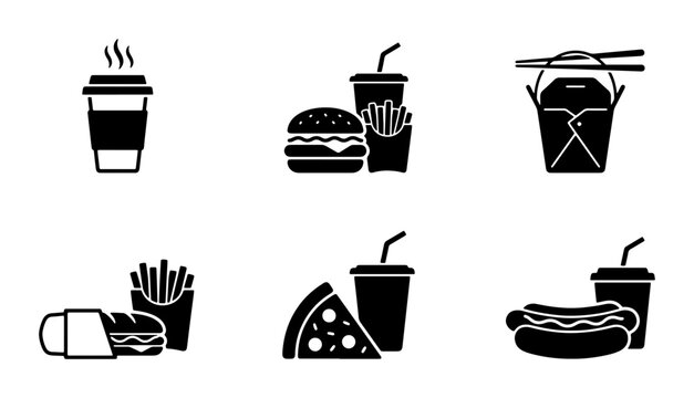 Fast food silhouettes set with coffee cup, burger, pizza, hot dog and takeout box for menu and signage