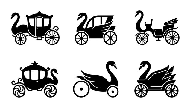 Swan carriage silhouettes set with vintage transport, fairytale and fantasy icons for logo