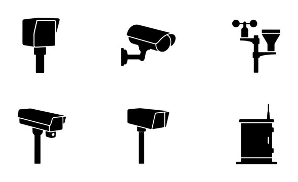 6 security camera and weather station icons set with surveillance technology and meteorological equipment