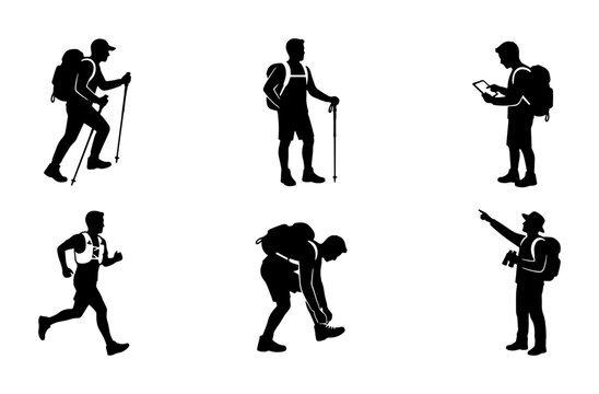 Hikers with backpacks in various poses silhouette for logo