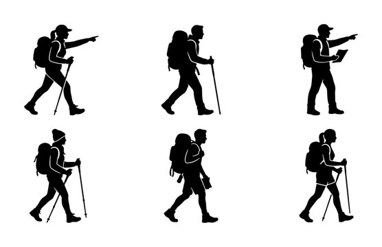Hikers and trekkers silhouettes set with poles and backpacks, pointing and navigating
