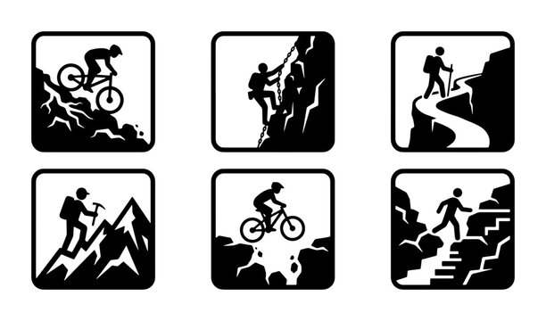 Outdoor adventure silhouettes set with mountain biking, climbing, hiking, and mountaineering for signage or icons
