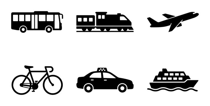 Transportation icons set with bus, train, airplane, bicycle, taxi and ship for travel