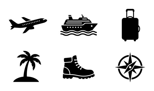 Travel icons set with airplane, cruise ship, suitcase, palm tree, boot and compass for tourism and adventure