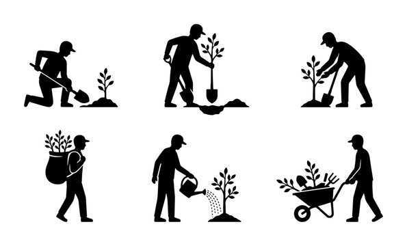Tree planting volunteers silhouette icons for conservation