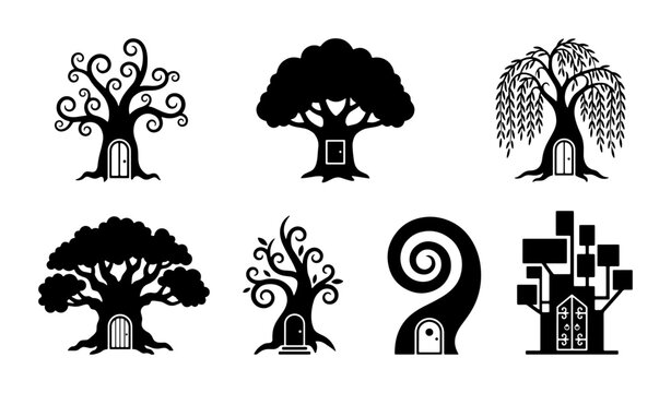 Magical tree silhouettes set with doors for fairy tales, fantasy logos and children's books