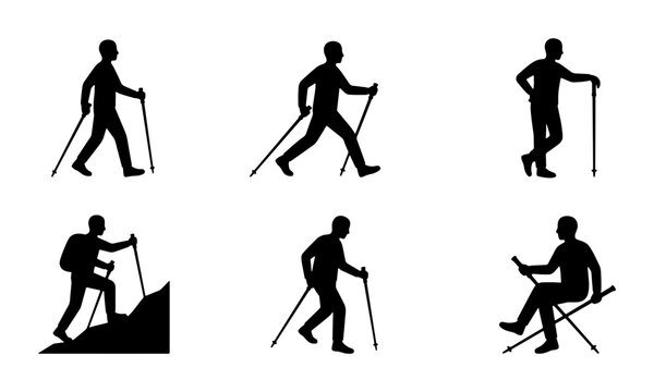 Trekking pole silhouettes set with figures walking, climbing and resting for travel and sport