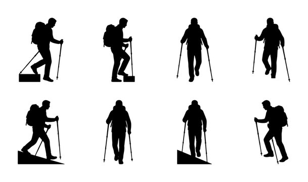 Hikers with trekking poles and backpacks set, mountain climbing and hiking silhouettes for outdoor adventure