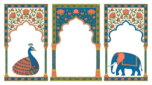 Peacock and lotus flower framing ornate mughal arch border 