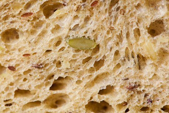 Multigrain sourdough bread crumb with multi seeds. Close up. Copy space. Top view.