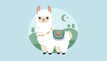 Fototapeta premium Adorable illustration of a fluffy white llama with a colorful saddle and flower necklace standing in a peaceful green landscape.