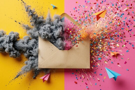 Creative mail concept shows split themes from open envelope. Dark smoke burst on yellow background represents shock bad news. Colorful confetti, sparks explode on pink side for celebration good news.