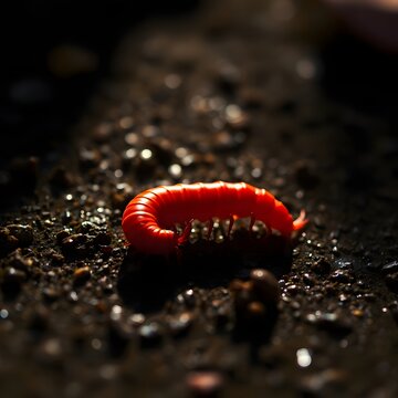 Macro shot of a vibrant red millipede curled up on moist soil, wildlife nature concept.