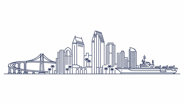 A clean line art vector illustration of the San Diego city skyline featuring the Coronado Bridge and an aircraft carrier on a white background.