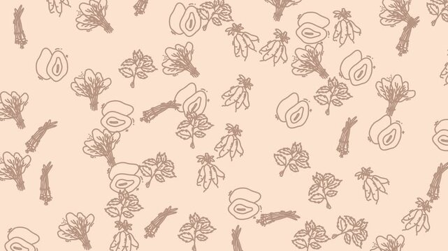 Seamless pattern with hand drawn sketches of various vegetables on a light background.