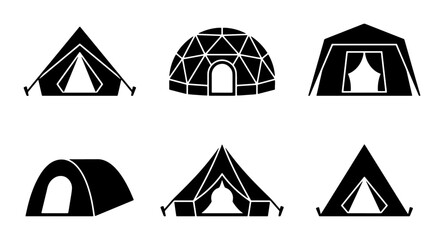 Camping tent silhouettes set with dome and A-frame shelters for outdoor travel © Moniya