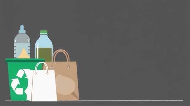 Modern Flat Vector Recycling Bin Reusable Bottle and Paper Shopping Bag