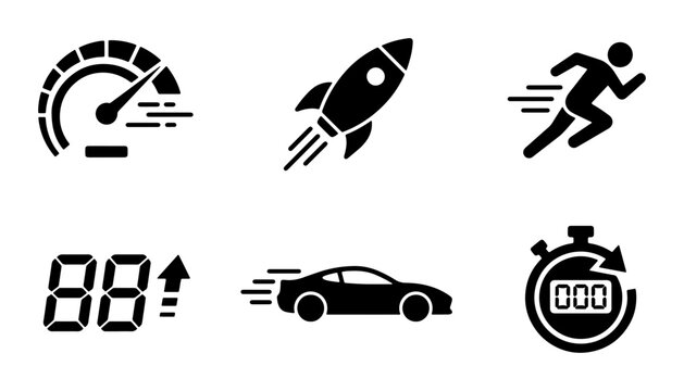 Speed and performance icons set with speedometer, rocket, runner, digital display, car and stopwatch for app and web