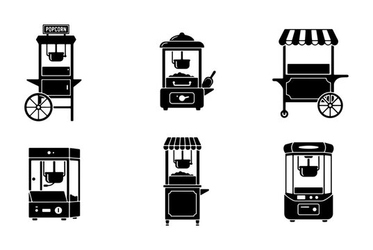 Popcorn machine silhouettes set with classic carts and modern appliances for cinema and events logo
