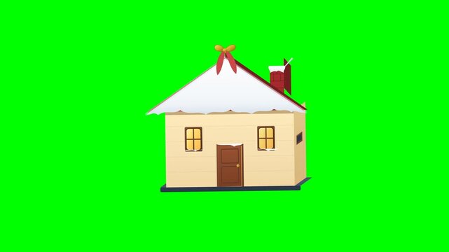 High-quality 2.5D handcrafted miniature Christmas house hanging as an ornament on a pure green screen. Features realistic physical pendulum swing, cozy window glow reaction, and slightly opening door.