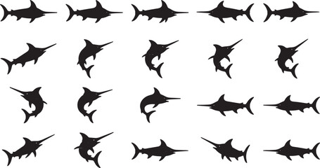 Fototapeta premium Set of isolated black silhouettes of marlin swordfish in various swimming and jumping poses