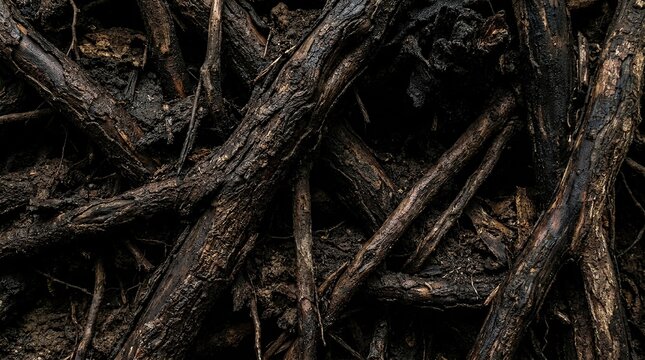 Close up of tangled dark brown tree roots and soil texture