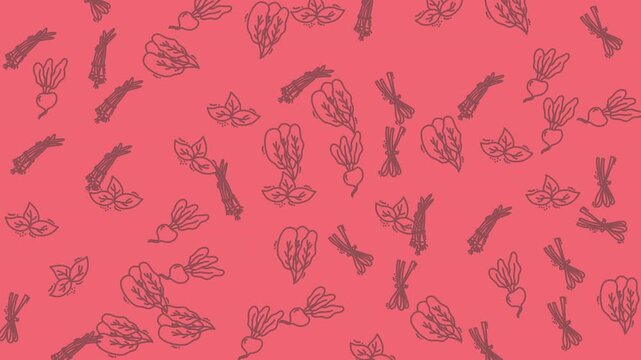 Seamless pattern with hand drawn vegetable sketches on a pink background.