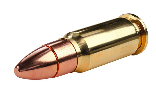 Macro closeup of a single brass and copper firearm bullet with ammunition cartridge shooting projectile isolated on white background, Clipping Path, png