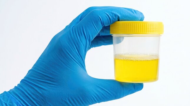 Hand in blue glove holding urine sample cup with yellow lid
