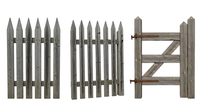 Old wooden picket gate with rustic fence panels isolated on transparent background