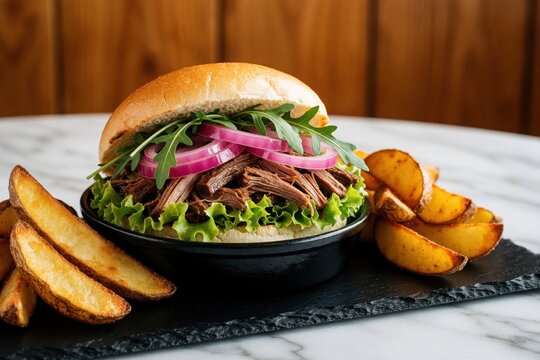 Closeup of pork bondiola sandwich with lettuce, red onion, arugula on bun. Tasty meat burger served with fried potato wedges in black bowl. Meal sits on white marble table in pub with wooden wall