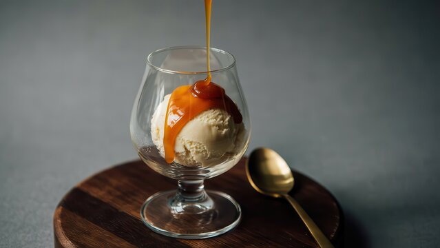 Caramel sauce being poured onto a scoop of vanilla ice cream in a glass. Ideal for dessert menus and food advertising.