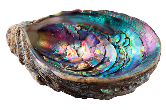 Natural iridescent abalone seashell with pearlescent inner surface abalone shell sea shell marine life isolated on white background, Clipping Path, png