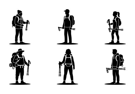 Hikers silhouettes set with backpacks and trekking poles for travel and outdoor adventure logo