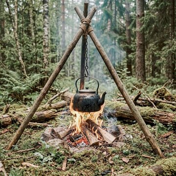 Kettle boiling over campfire in mossy forest during outdoor adventure